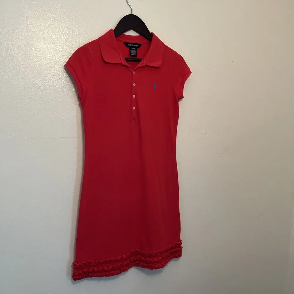 RALPH LAUREN Cotton Mesh Ruffle Hem Polo Pony Dress, Red- Size L (12/14)
